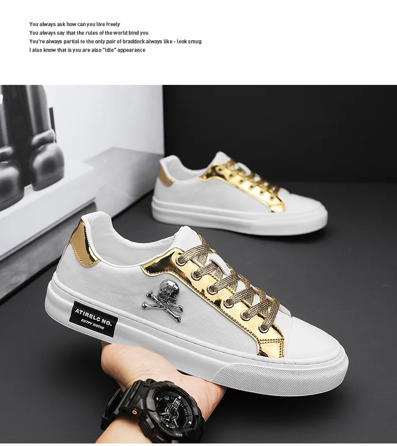 2024 New Spring Men's Casual Sports Shoes leather upper skull small white Shoes Men Sports Shoes solid color flat heel men shoes