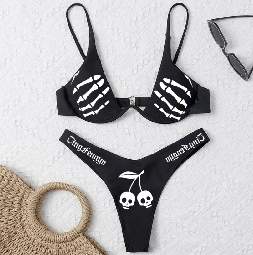 2022 Women Swimsuit Bikini Set Halloween Skull Letter Print V-neck Push Up Padded Bikini+Elastic Waist Brazilian Bikinis