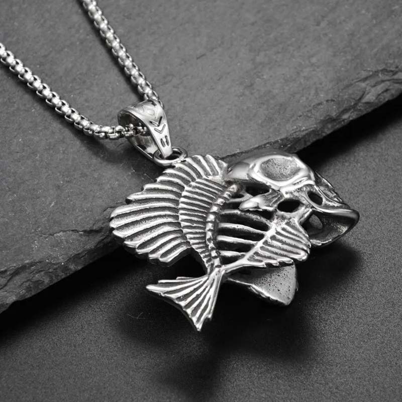 Charm Skeleton Fish Pendant Necklace Hip Hop Rock Fashionable Men Women Simple Necklace Sweater Chain Accessories Jewelry