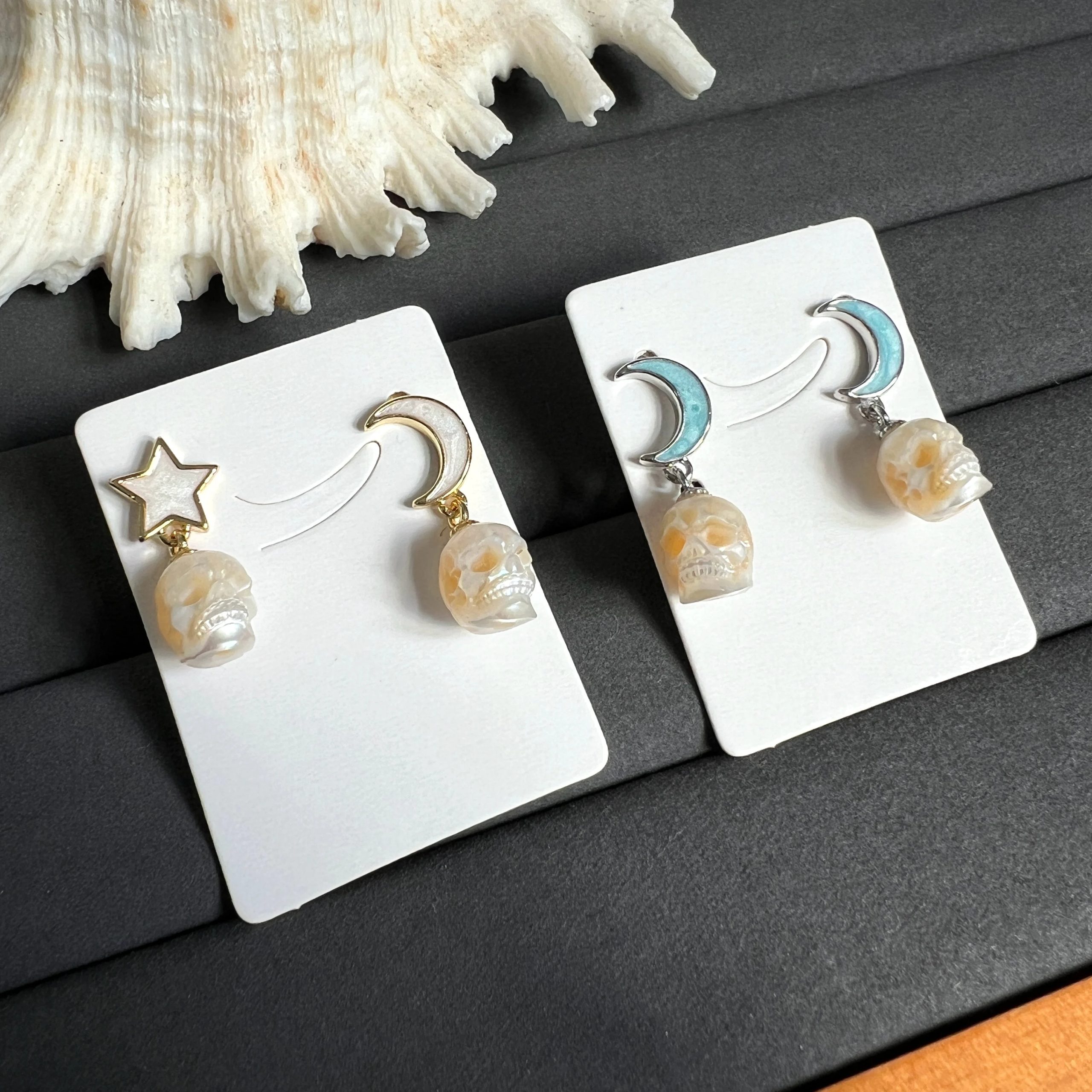Natural Pearl Carving Earring, Freshwater Pearl Ghost Moon and Star Stud Earring, Pearl Skull Dangle Earring, Summer Jewelry