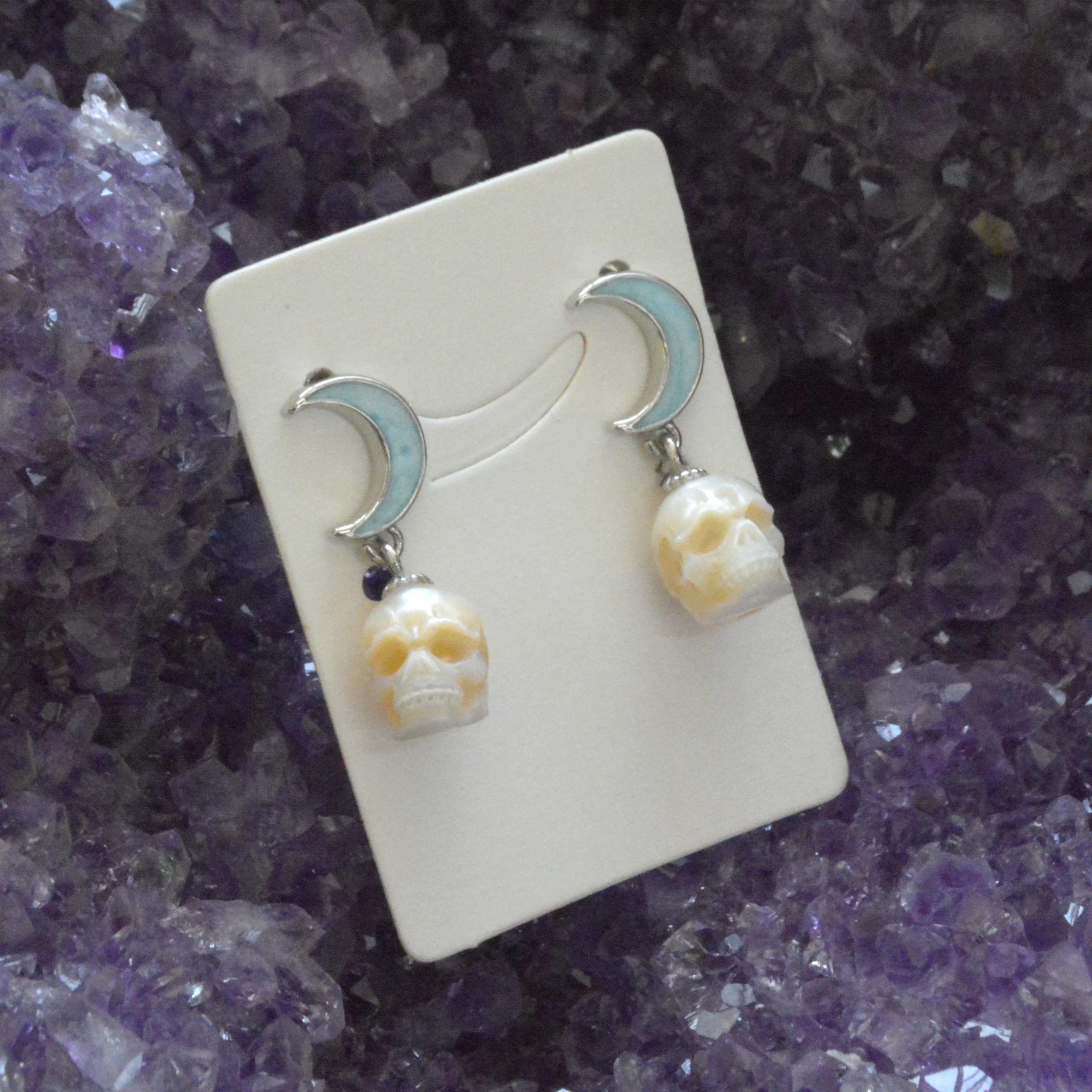Natural Pearl Carving Earring, Freshwater Pearl Ghost Moon and Star Stud Earring, Pearl Skull Dangle Earring, Summer Jewelry