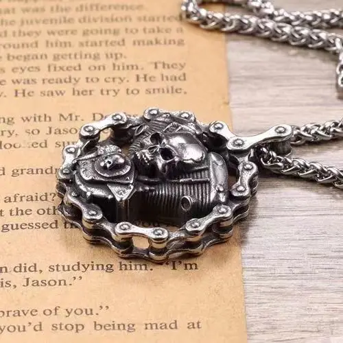 Heavy Motorcycle Engine Pendant Gothic Bicycle Chain Skull Necklace for Men Punk Biker Rock Party Jewelry
