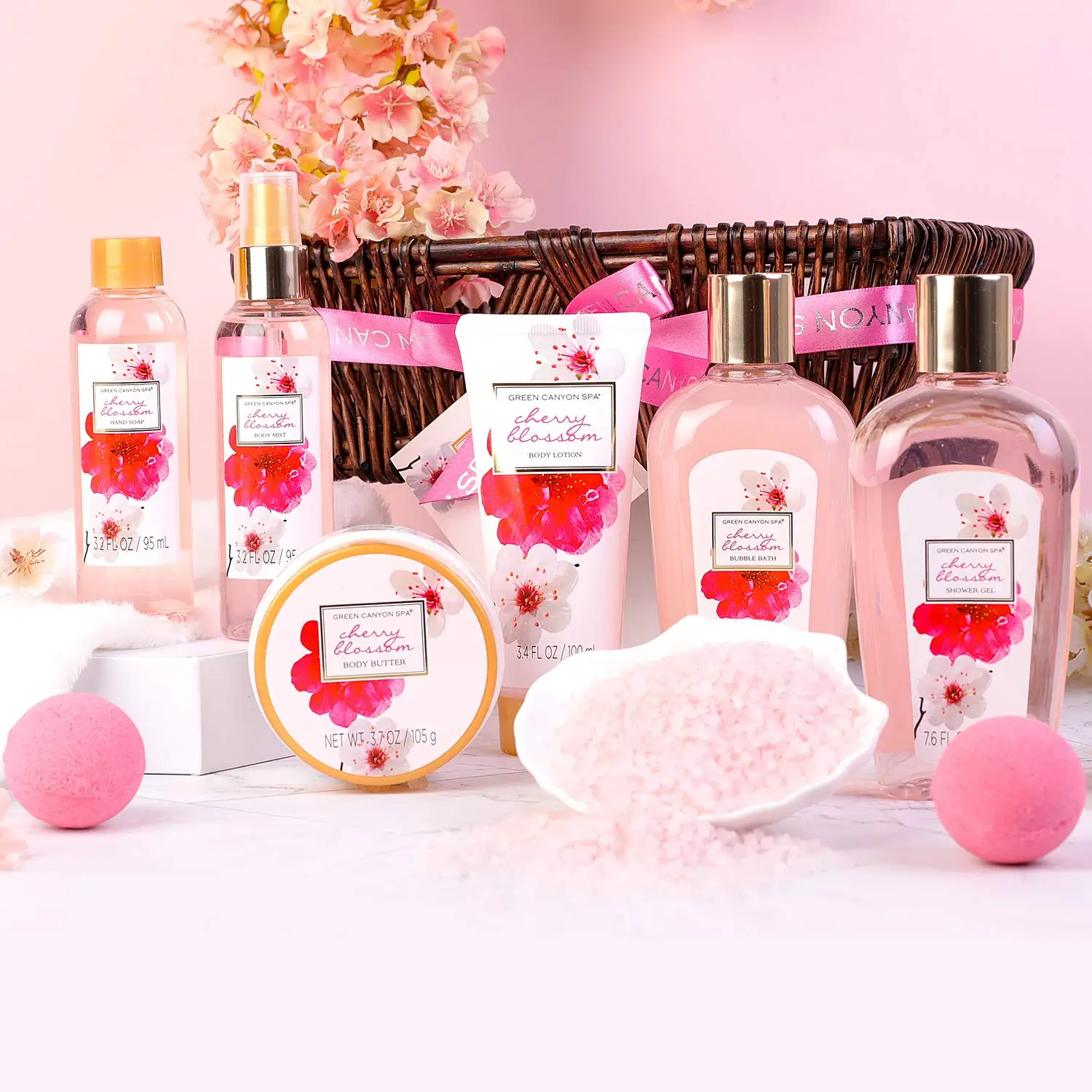 10pcs Spa Gift Basket for Women, Cherry Blossom Bath & Body Set, Valentine/Birthday/Mothers Day Gift