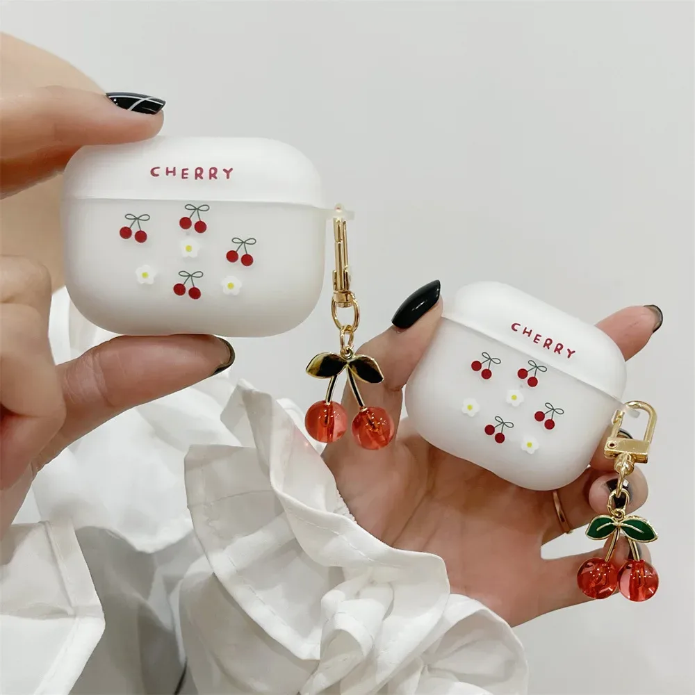 Case For Airpods Pro 2nd Case Cute Luxury Crystal Cherry Pendant Matte Soft Earphone Cover for Apple AirPods 1/2/3 Wireless Box