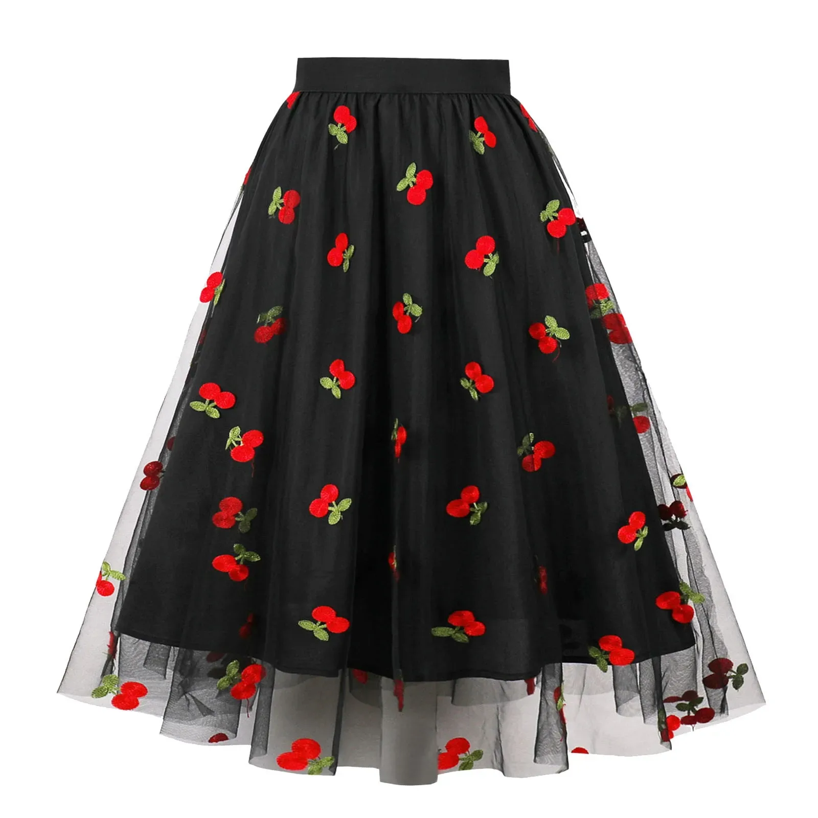 Vintage Cherry Cute Skirts Embroidered Mesh Overlay Women 2024 Spring Summer High Waist Black Pleated Long Skirt Faldas