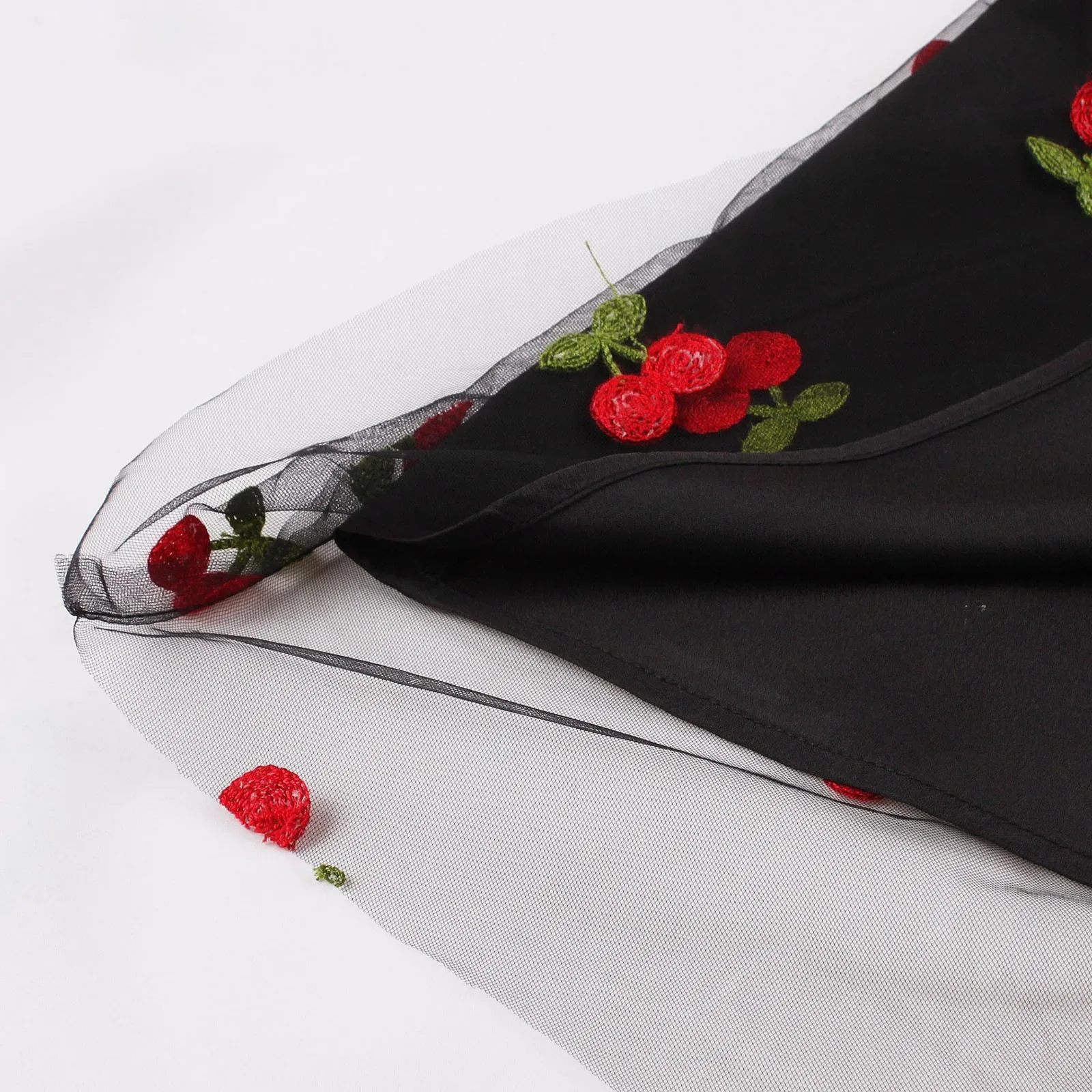 Vintage Cherry Cute Skirts Embroidered Mesh Overlay Women 2024 Spring Summer High Waist Black Pleated Long Skirt Faldas