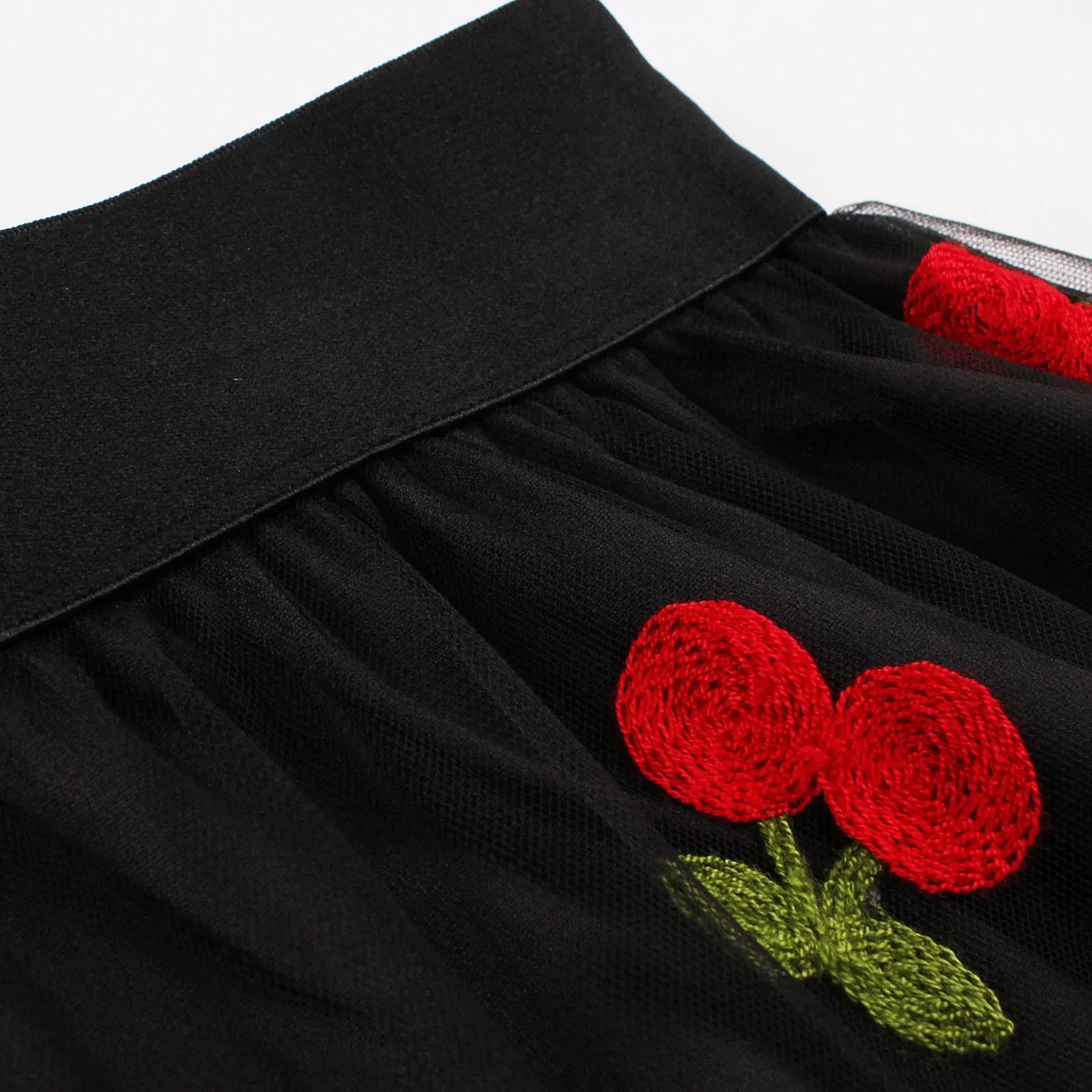 Vintage Cherry Cute Skirts Embroidered Mesh Overlay Women 2024 Spring Summer High Waist Black Pleated Long Skirt Faldas