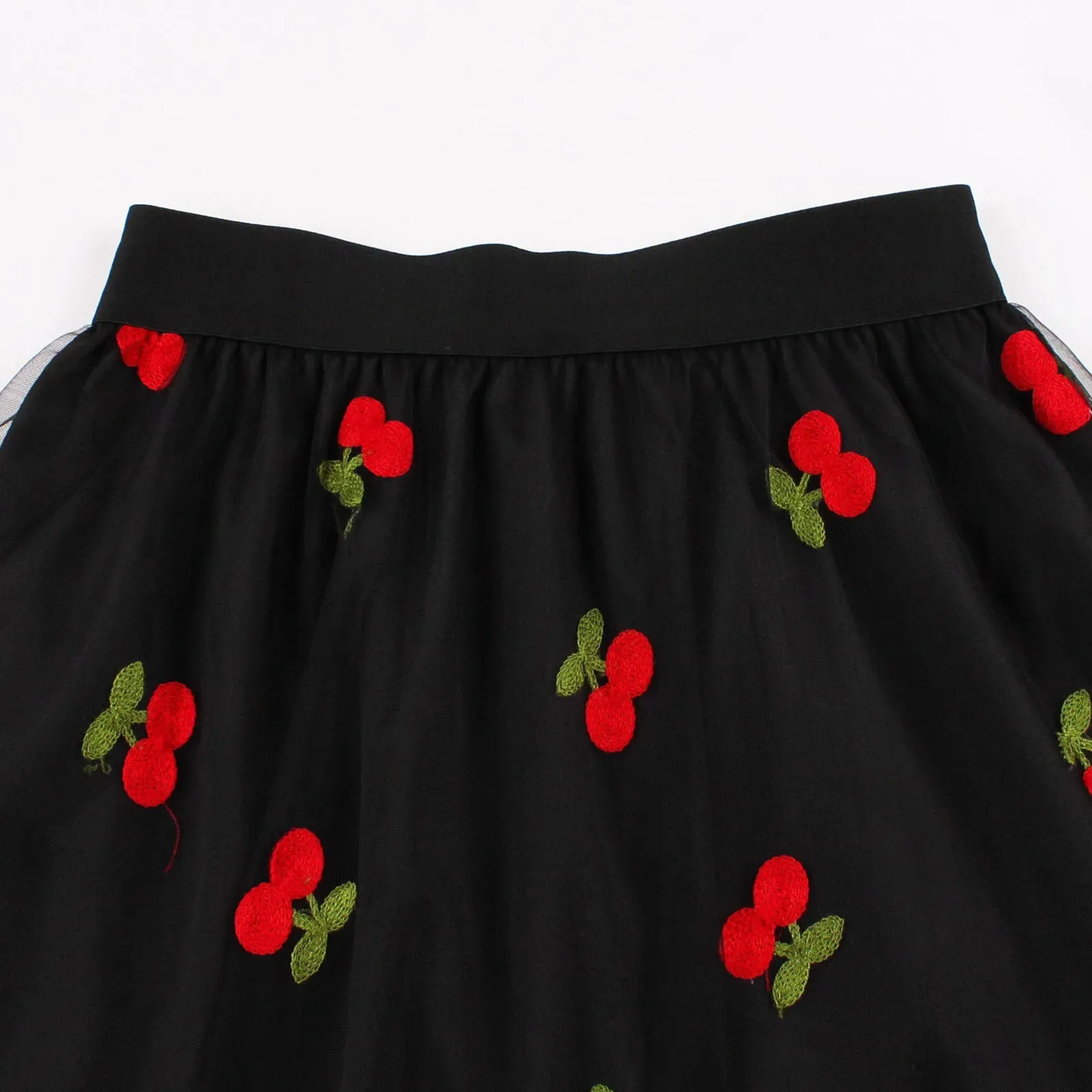 Vintage Cherry Cute Skirts Embroidered Mesh Overlay Women 2024 Spring Summer High Waist Black Pleated Long Skirt Faldas