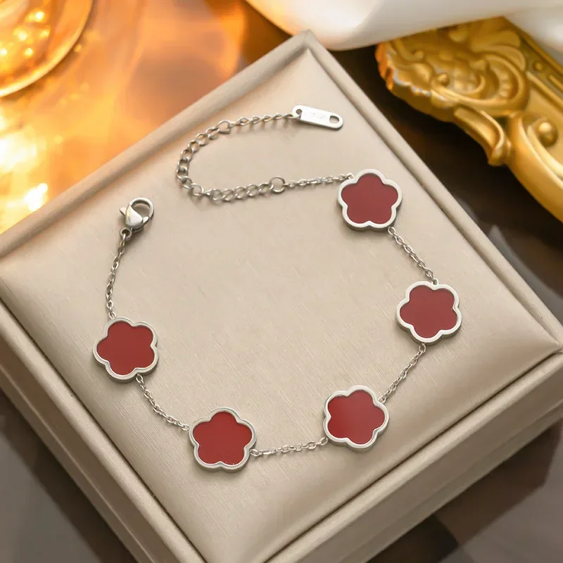 Gold Color Silver Color Rose Gold Luxury Charm Bracelet for Women Flower Bracelets Men Stainless Steel Clover Fashion Jewelry
