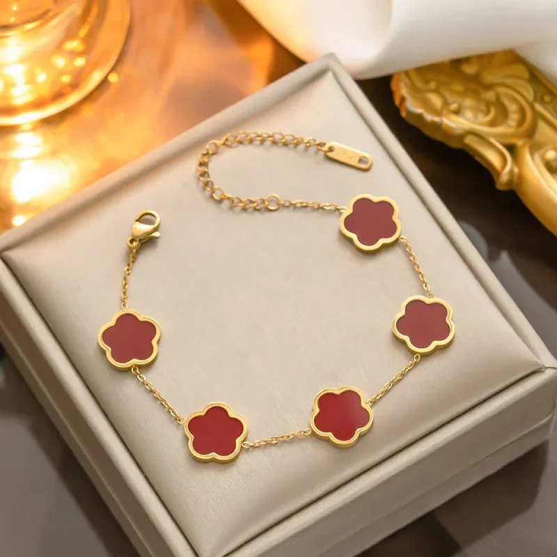 Gold Color Silver Color Rose Gold Luxury Charm Bracelet for Women Flower Bracelets Men Stainless Steel Clover Fashion Jewelry