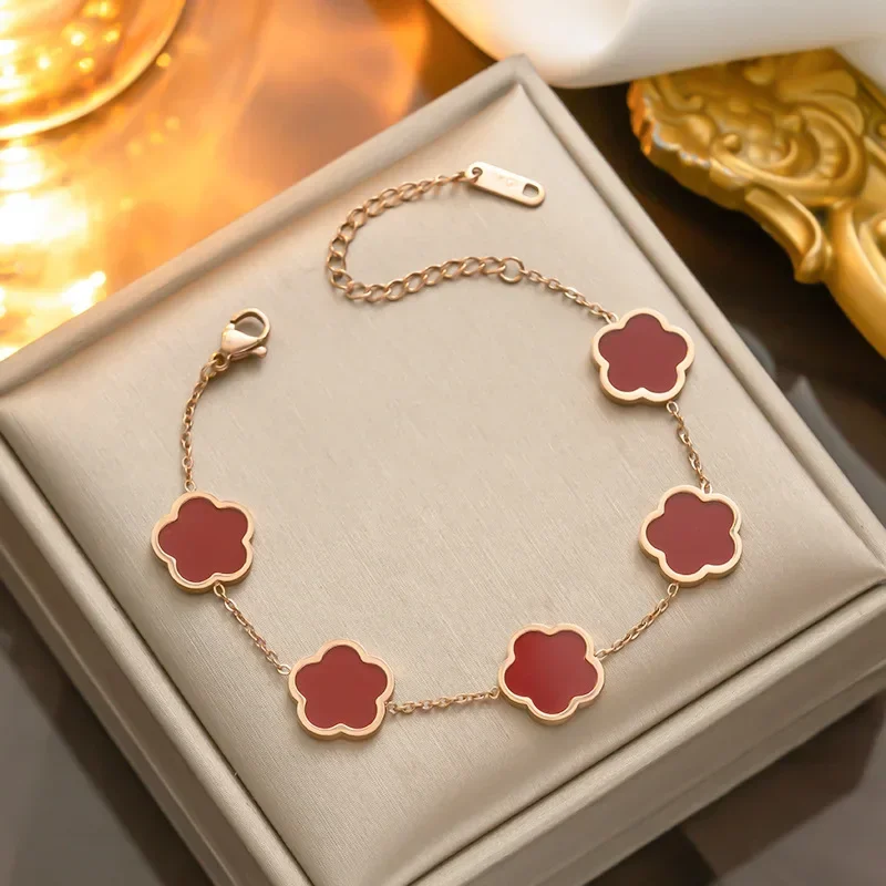 Gold Color Silver Color Rose Gold Luxury Charm Bracelet for Women Flower Bracelets Men Stainless Steel Clover Fashion Jewelry