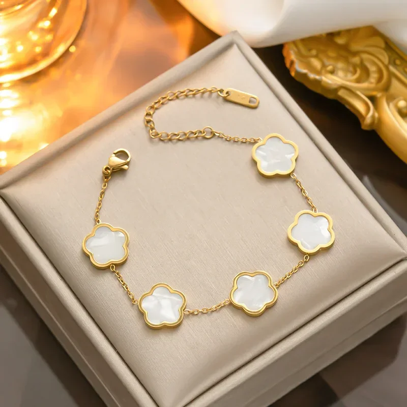 Gold Color Silver Color Rose Gold Luxury Charm Bracelet for Women Flower Bracelets Men Stainless Steel Clover Fashion Jewelry