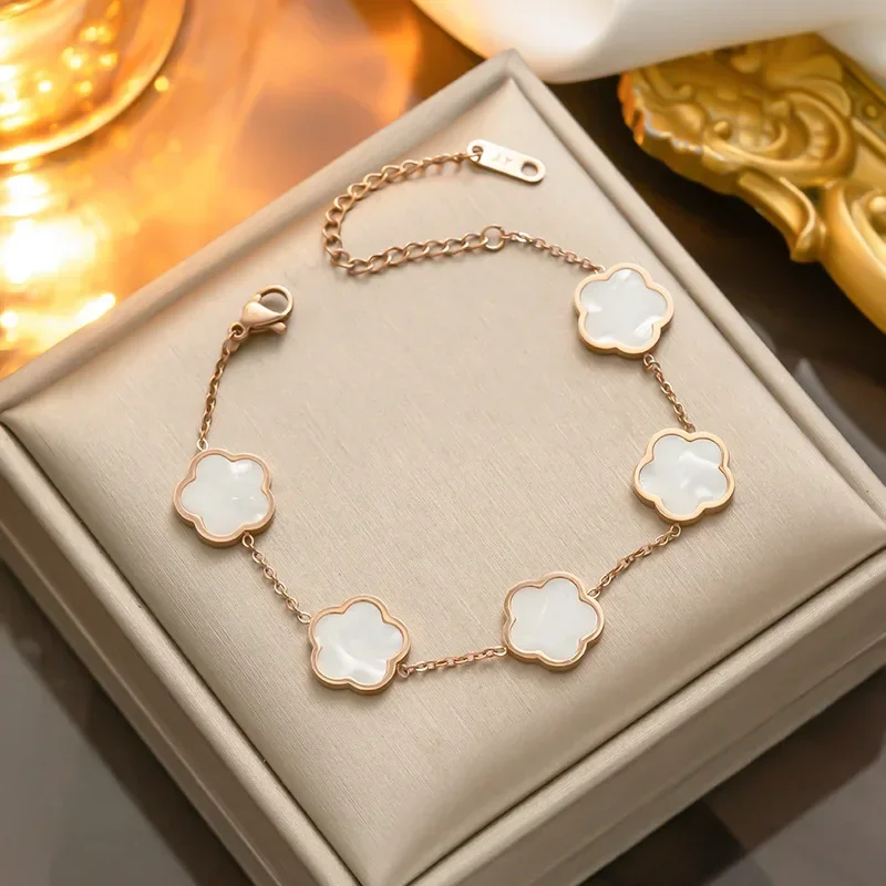 Gold Color Silver Color Rose Gold Luxury Charm Bracelet for Women Flower Bracelets Men Stainless Steel Clover Fashion Jewelry