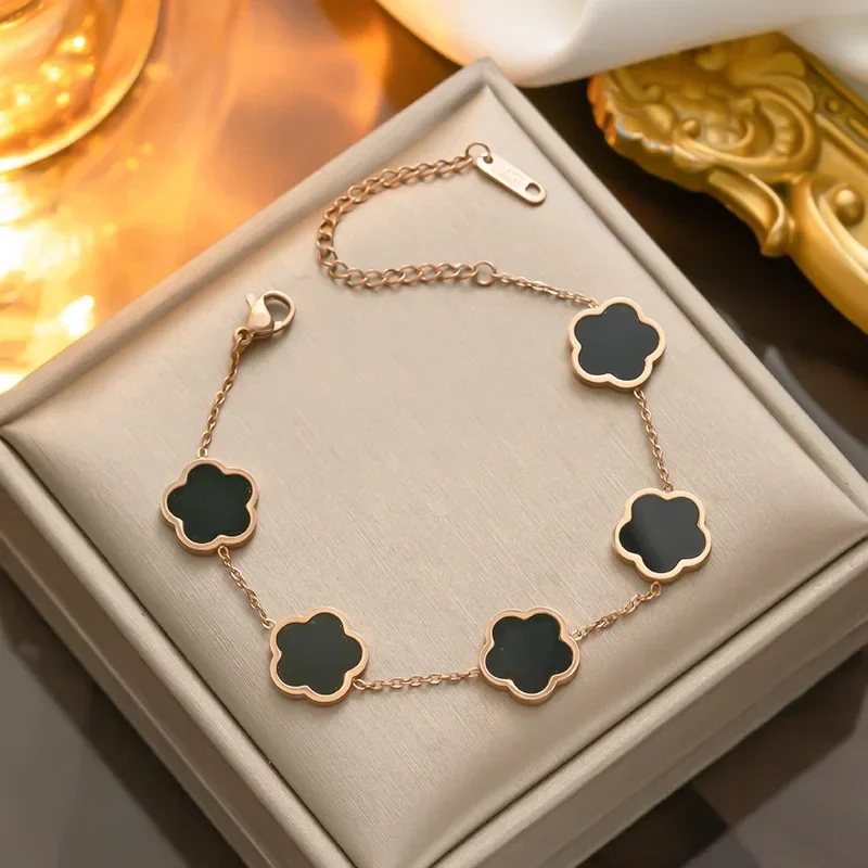 Gold Color Silver Color Rose Gold Luxury Charm Bracelet for Women Flower Bracelets Men Stainless Steel Clover Fashion Jewelry