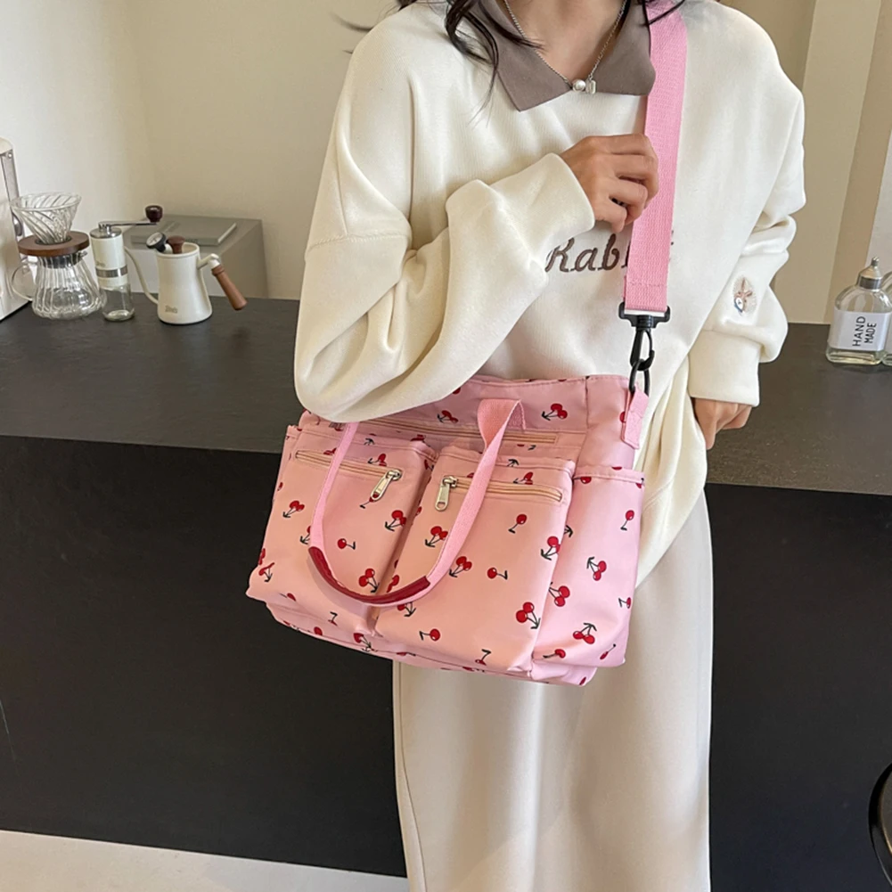 Women Cherry Shoulder Bag Fashion Nylon Tote Bag Large Capacity Stylish Crossbody Bag Chic Hobo Bag Outdoor Travel Bag