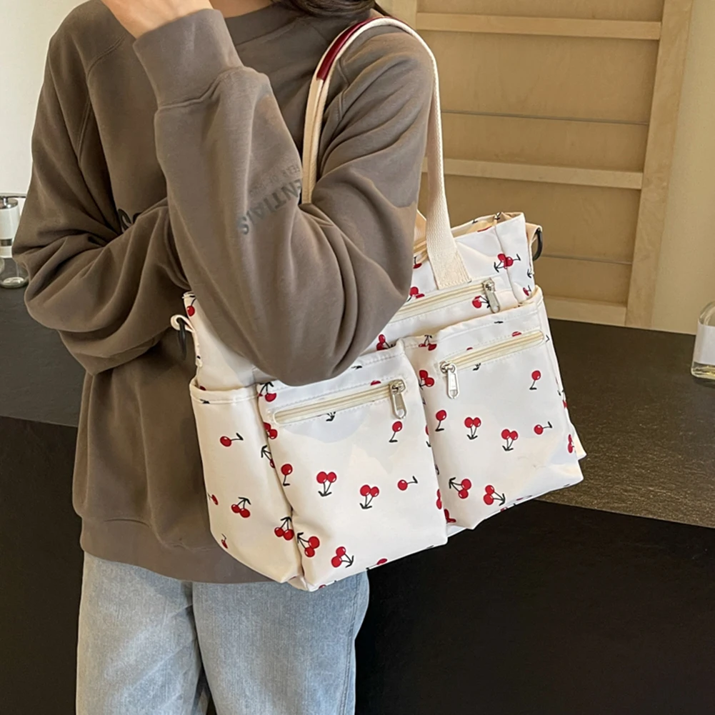 Women Cherry Shoulder Bag Fashion Nylon Tote Bag Large Capacity Stylish Crossbody Bag Chic Hobo Bag Outdoor Travel Bag