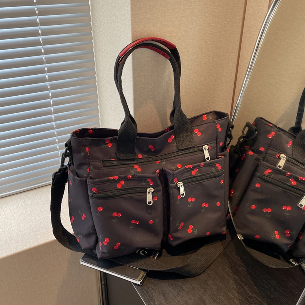 Women Cherry Shoulder Bag Fashion Nylon Tote Bag Large Capacity Stylish Crossbody Bag Chic Hobo Bag Outdoor Travel Bag