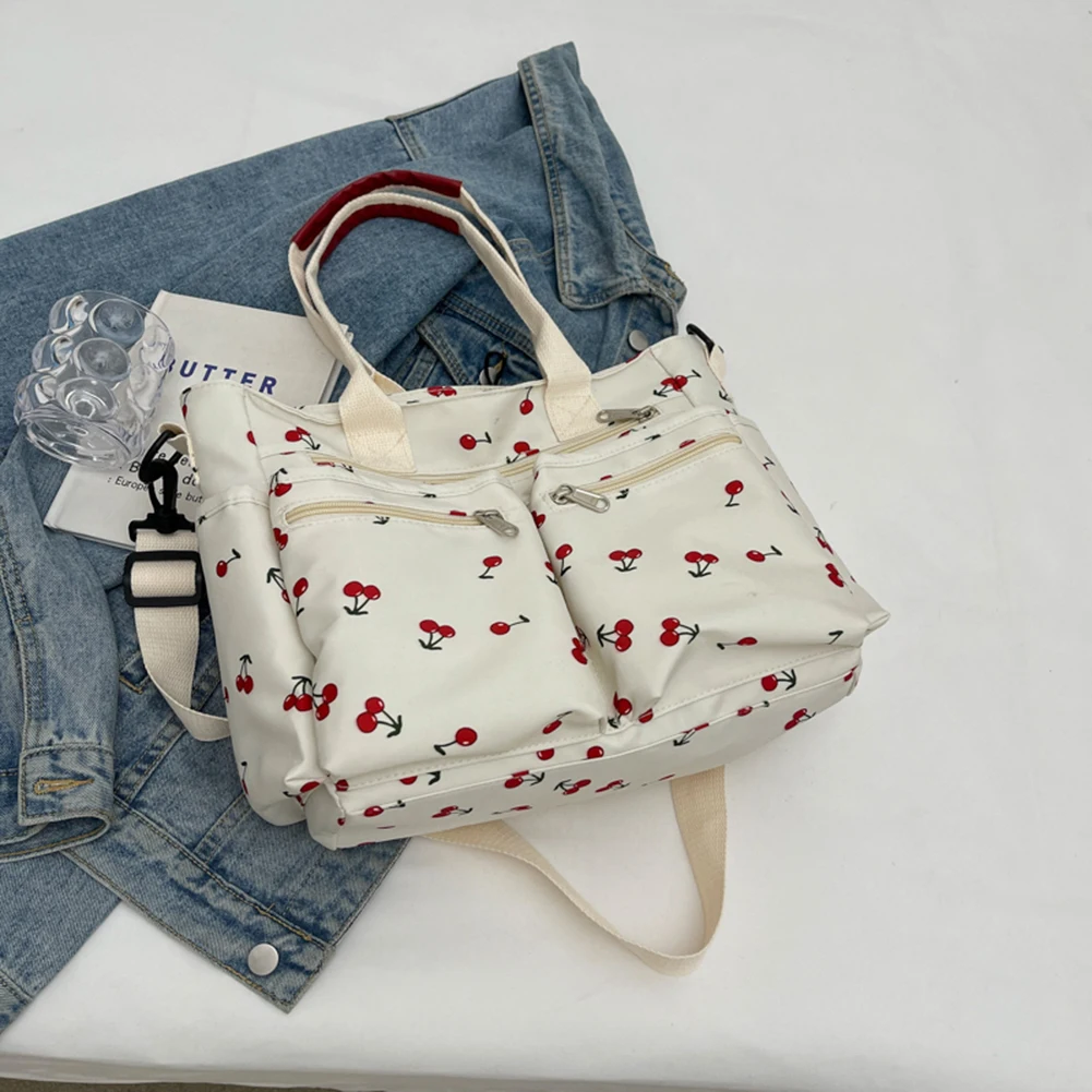 Women Cherry Shoulder Bag Fashion Nylon Tote Bag Large Capacity Stylish Crossbody Bag Chic Hobo Bag Outdoor Travel Bag