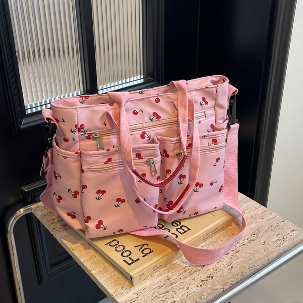 Women Cherry Shoulder Bag Fashion Nylon Tote Bag Large Capacity Stylish Crossbody Bag Chic Hobo Bag Outdoor Travel Bag