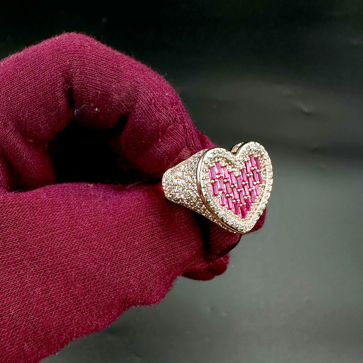 Aokaishen New Baguette Heart Ring for Women Pink Stones Glossy Girls Rose Gold Plated Hip Hop Jewelry