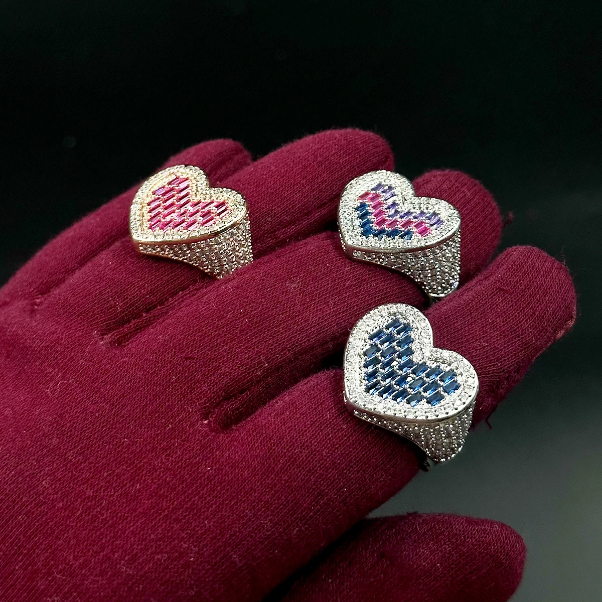 Aokaishen New Baguette Heart Ring for Women Pink Stones Glossy Girls Rose Gold Plated Hip Hop Jewelry