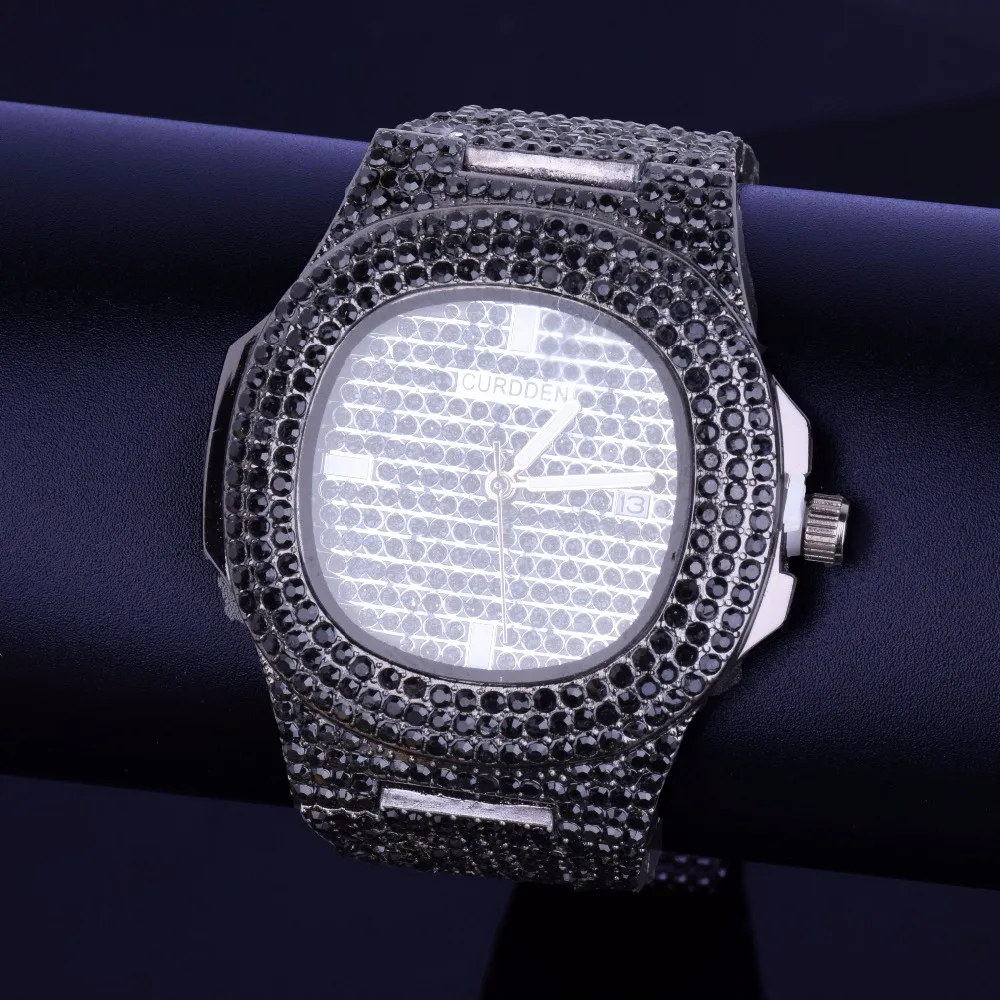 Bubble Letter Red Watch for Men Big Dial Military Quartz Clock Luxury Rhinestone Waterproof Hip Hop Jewelry