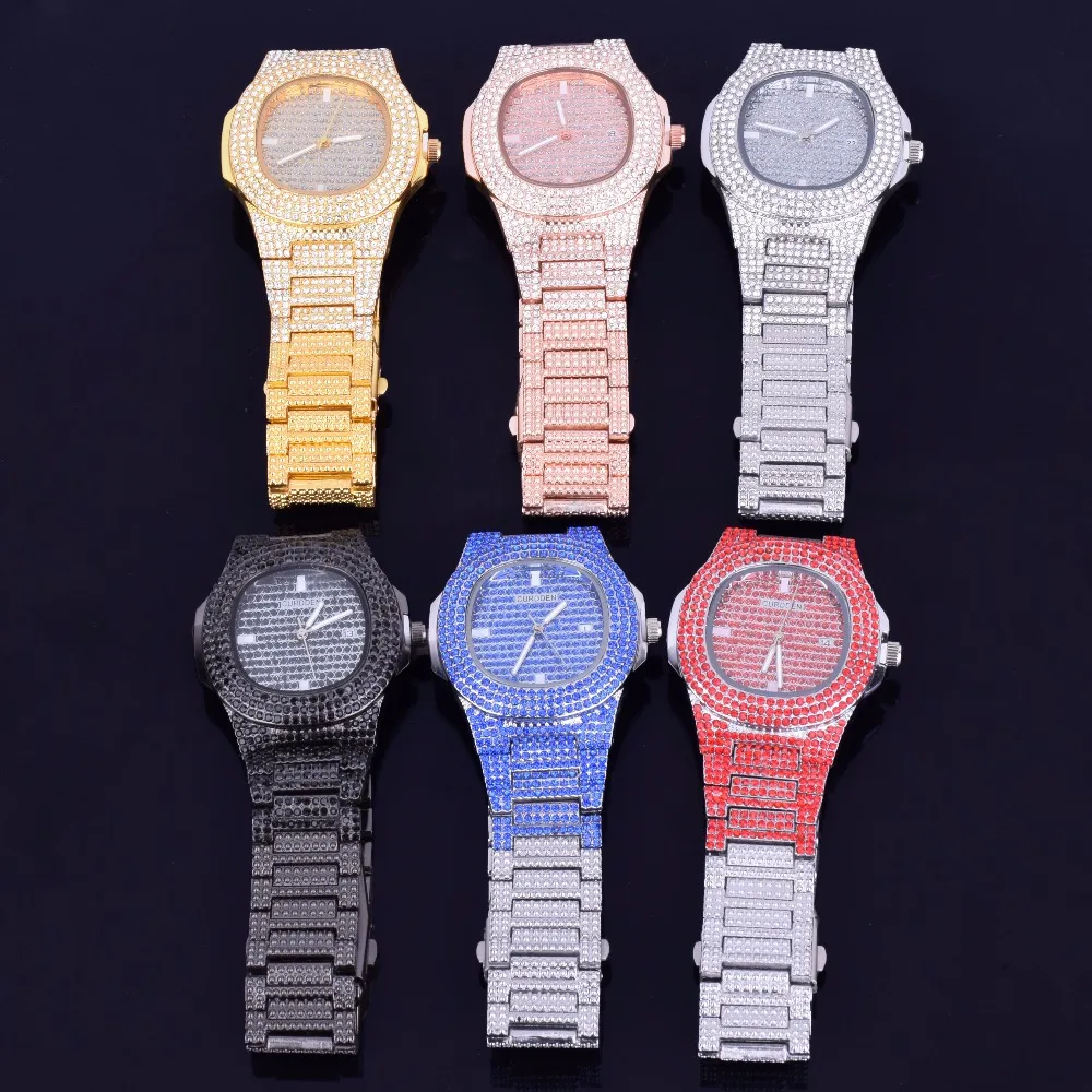 Bubble Letter Red Watch for Men Big Dial Military Quartz Clock Luxury Rhinestone Waterproof Hip Hop Jewelry