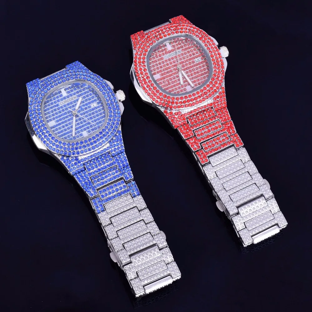 Bubble Letter Red Watch for Men Big Dial Military Quartz Clock Luxury Rhinestone Waterproof Hip Hop Jewelry