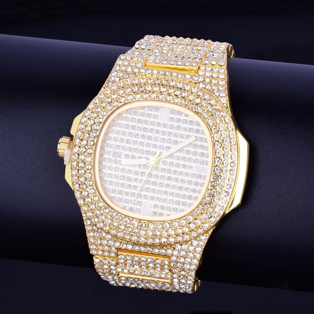 Bubble Letter Red Watch for Men Big Dial Military Quartz Clock Luxury Rhinestone Waterproof Hip Hop Jewelry