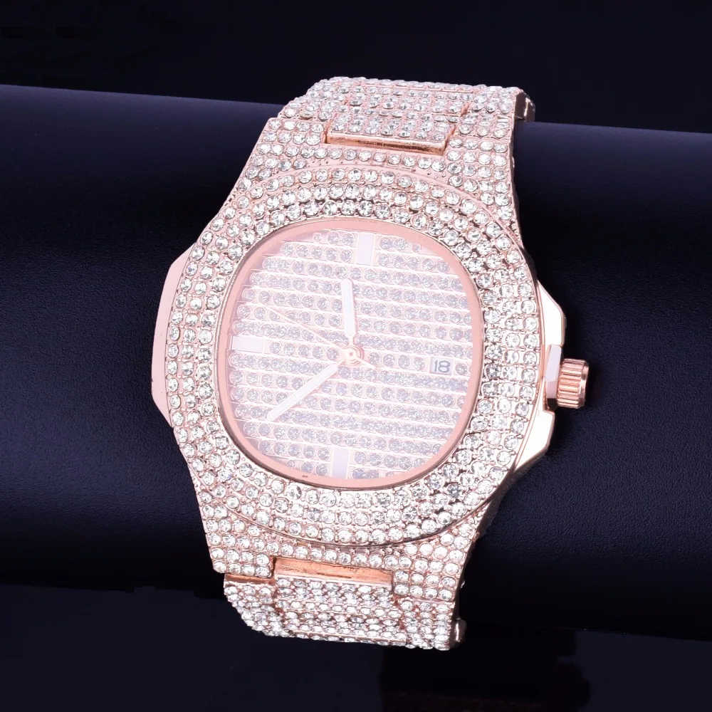 Bubble Letter Red Watch for Men Big Dial Military Quartz Clock Luxury Rhinestone Waterproof Hip Hop Jewelry