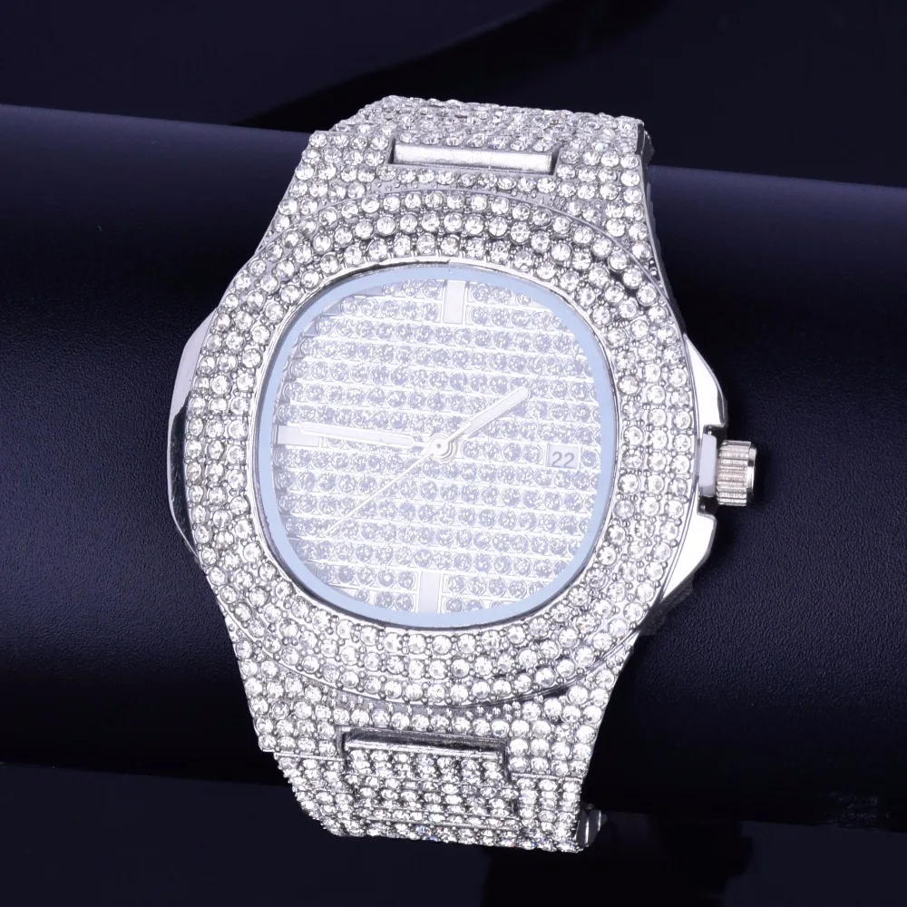 Bubble Letter Red Watch for Men Big Dial Military Quartz Clock Luxury Rhinestone Waterproof Hip Hop Jewelry