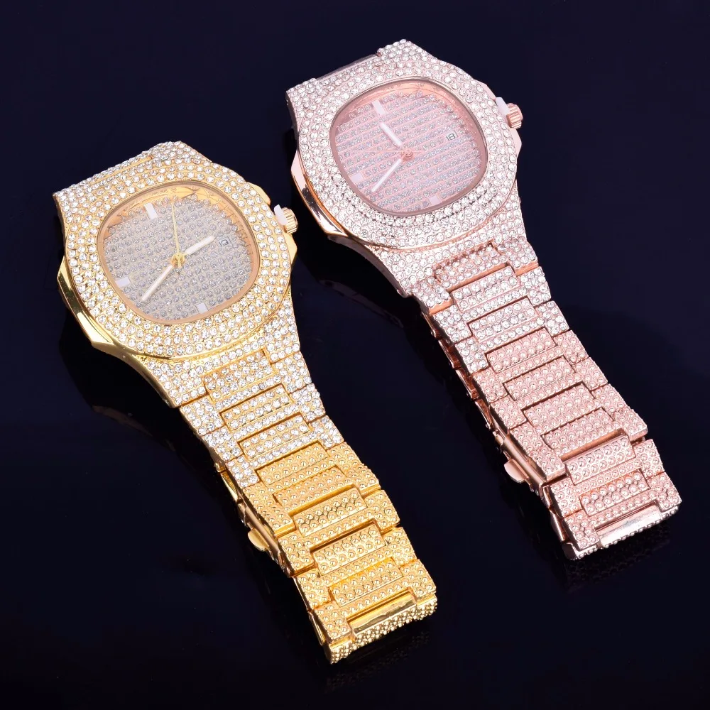 Bubble Letter Red Watch for Men Big Dial Military Quartz Clock Luxury Rhinestone Waterproof Hip Hop Jewelry