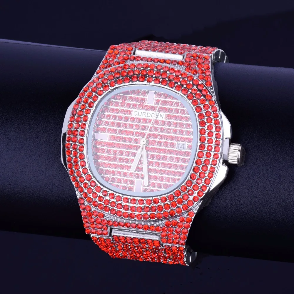 Bubble Letter Red Watch for Men Big Dial Military Quartz Clock Luxury Rhinestone Waterproof Hip Hop Jewelry