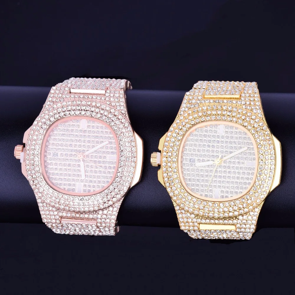 Bubble Letter Red Watch for Men Big Dial Military Quartz Clock Luxury Rhinestone Waterproof Hip Hop Jewelry
