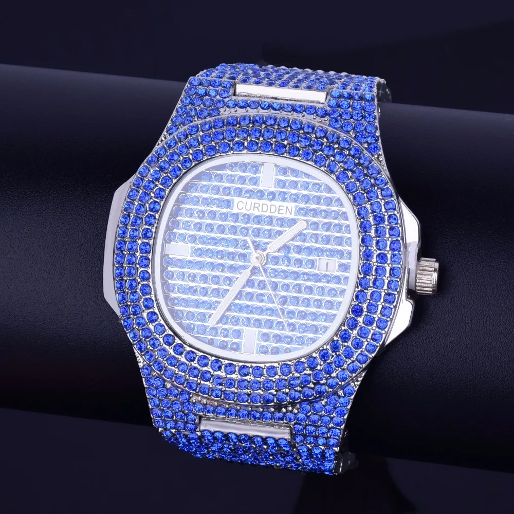 Bubble Letter Red Watch for Men Big Dial Military Quartz Clock Luxury Rhinestone Waterproof Hip Hop Jewelry