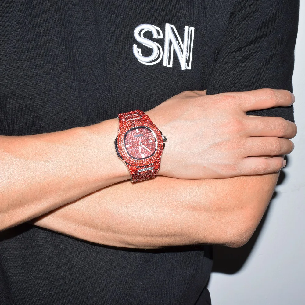 Bubble Letter Red Watch for Men Big Dial Military Quartz Clock Luxury Rhinestone Waterproof Hip Hop Jewelry