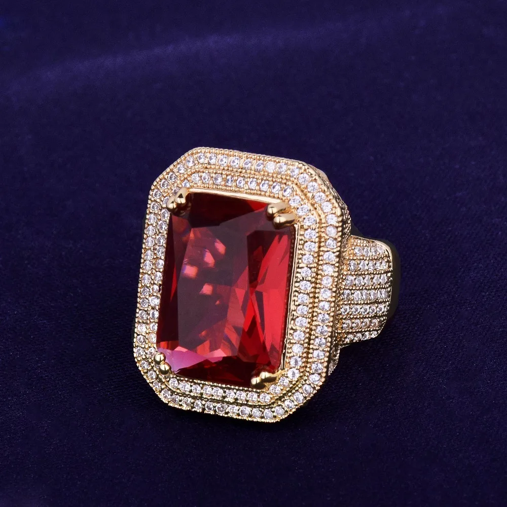 Gold Color Ring with Blue Color stones Cubic Zircon Copper Hip Hop Jewelry 2020 New