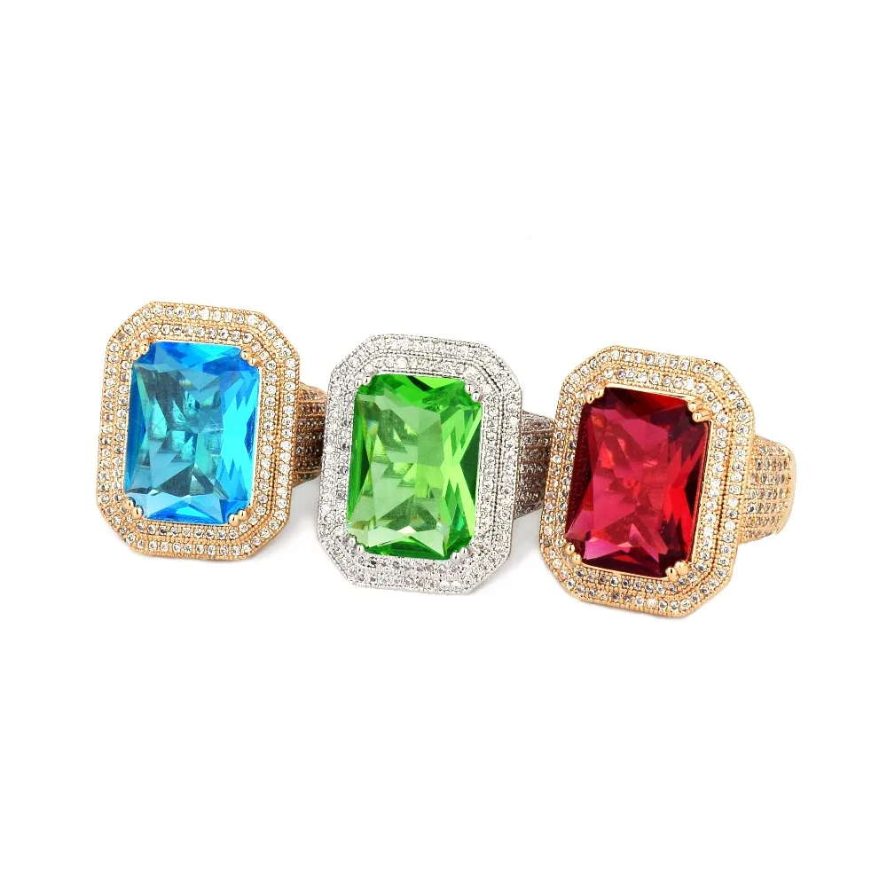 Gold Color Ring with Blue Color stones Cubic Zircon Copper Hip Hop Jewelry 2020 New