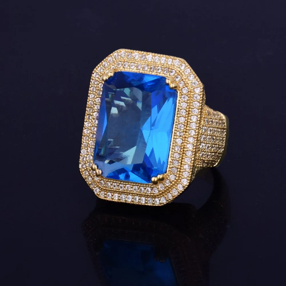 Gold Color Ring with Blue Color stones Cubic Zircon Copper Hip Hop Jewelry 2020 New