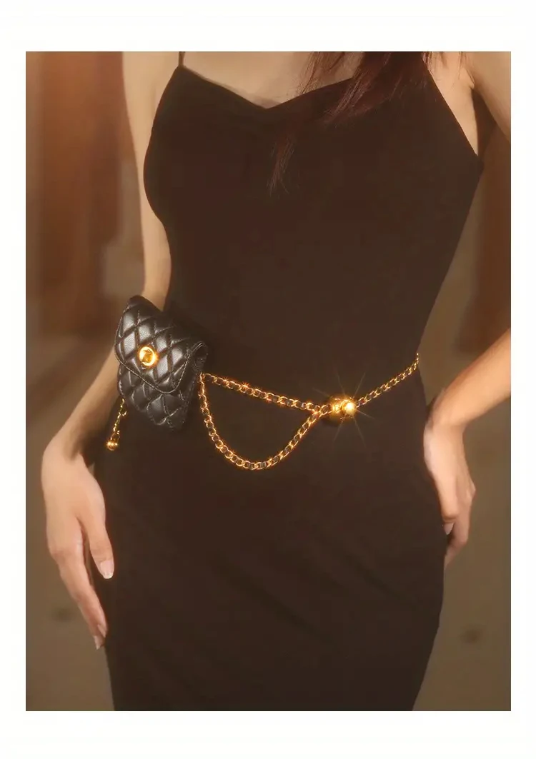 Elegant Leather Chain Belt Bag For Women Crossbody Waist Purse Fanny Pack Evening Clutch Mini Handbag Detachable Soft Leather