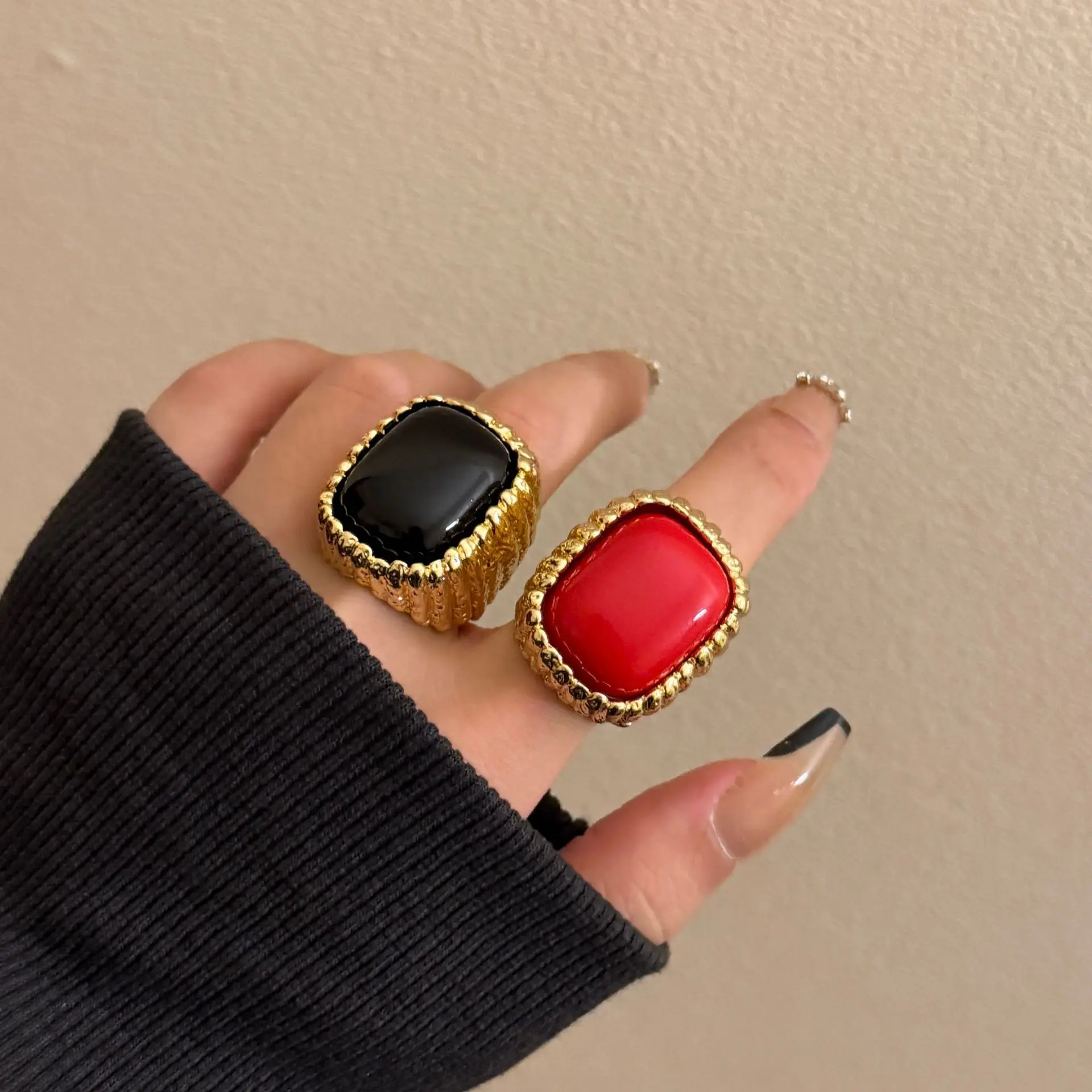 Vintage Irregular Textured Metal Square Open Ring For Women European American Personality Exaggerated Trendy Finger Jewelry