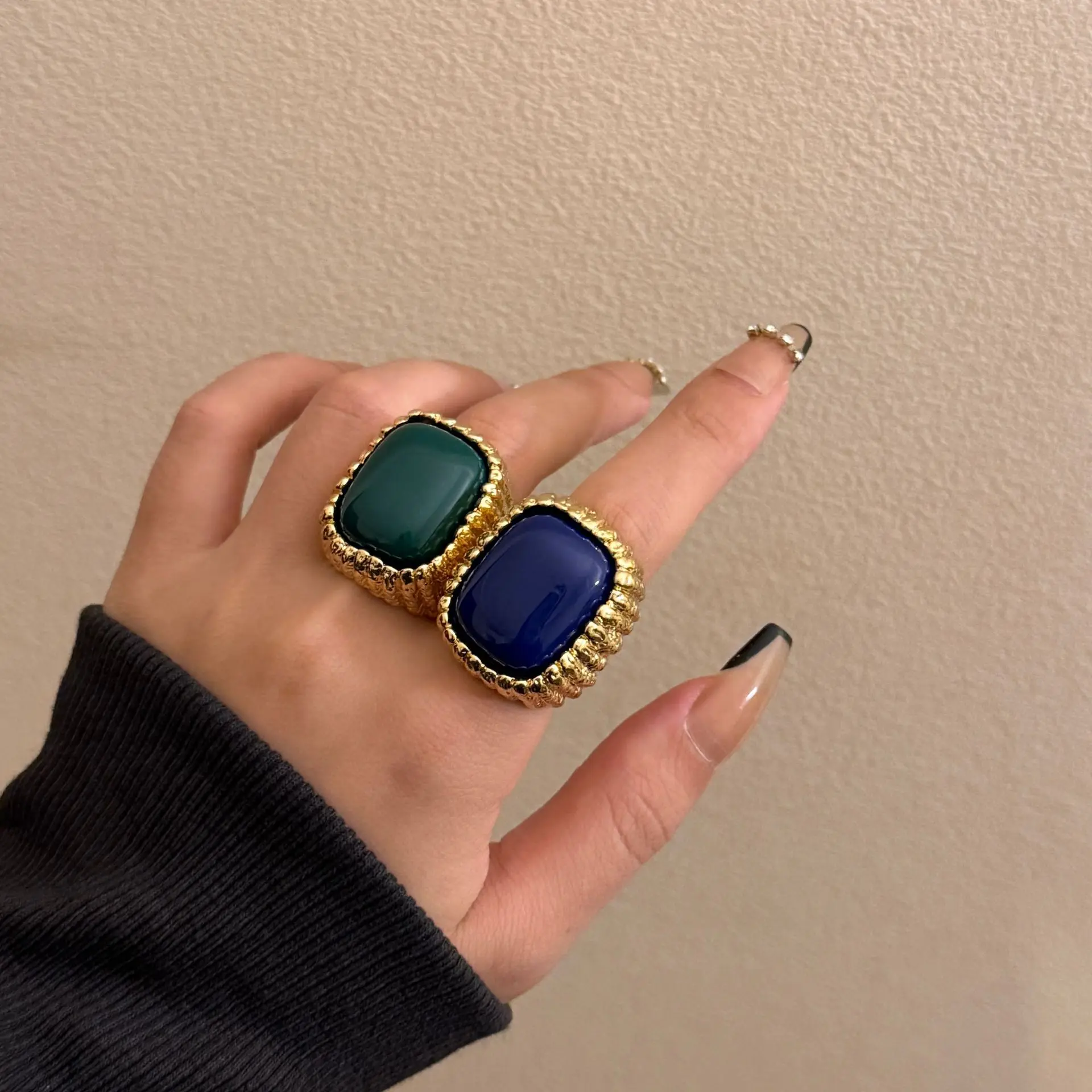 Vintage Irregular Textured Metal Square Open Ring For Women European American Personality Exaggerated Trendy Finger Jewelry