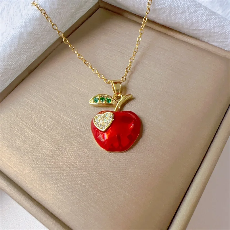 Classic Micro inlaid Gorgeous Stainless Steel Red Charm Love Apple Necklace Exquisite Fashion Girl Party Gift
