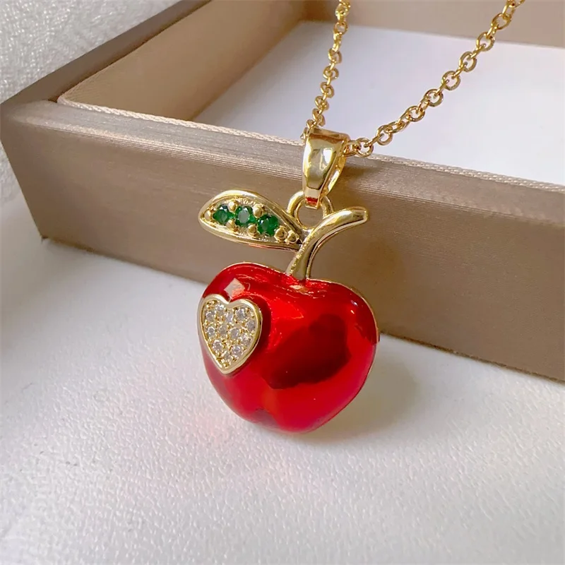 Classic Micro inlaid Gorgeous Stainless Steel Red Charm Love Apple Necklace Exquisite Fashion Girl Party Gift