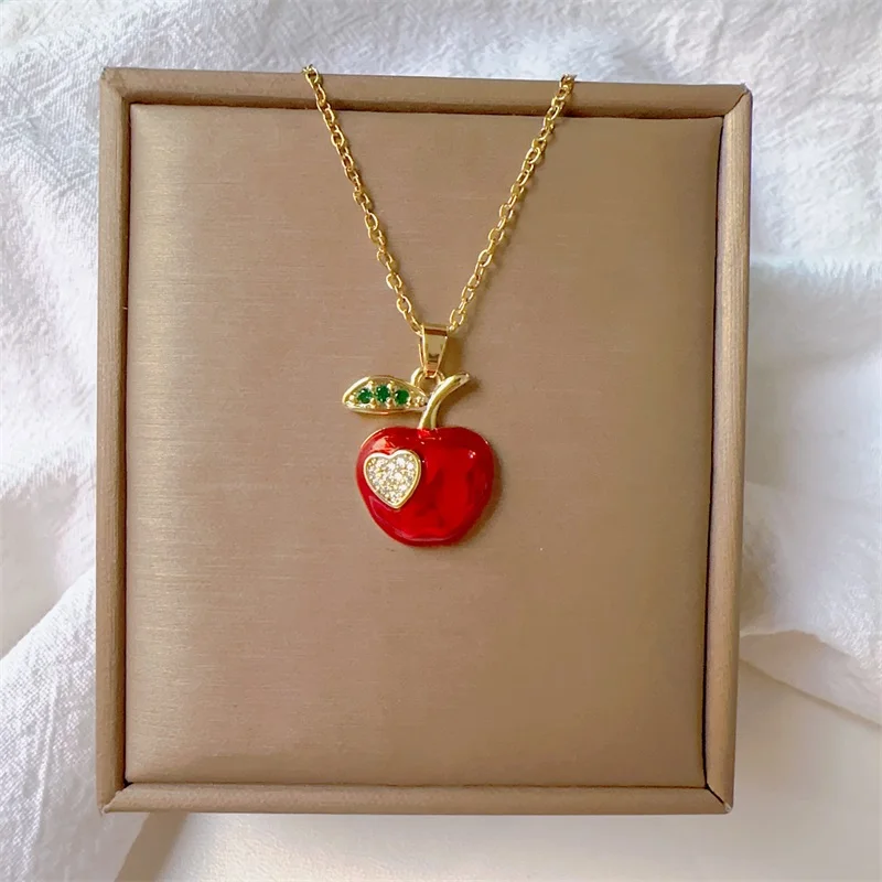 Classic Micro inlaid Gorgeous Stainless Steel Red Charm Love Apple Necklace Exquisite Fashion Girl Party Gift