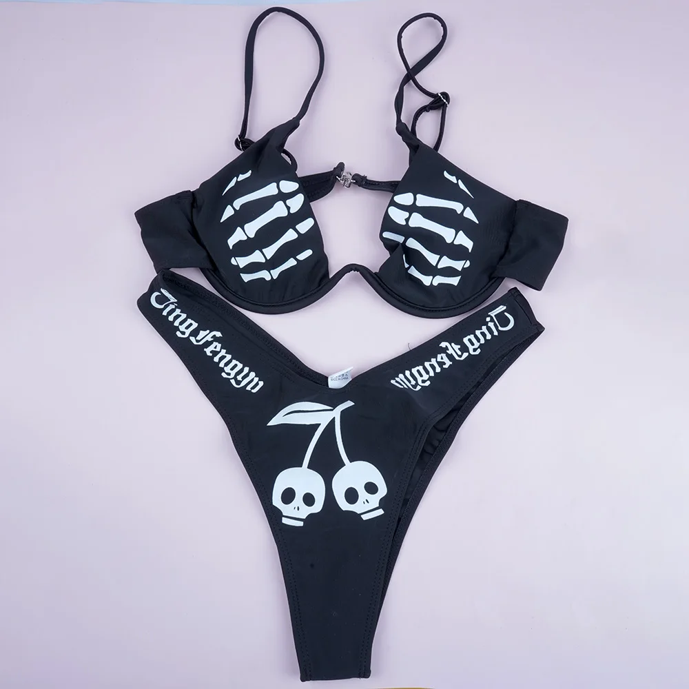 Sexy Gothic Bikini 2024 Women Letters Skeleton Hand Print Swimsuit Split Bathing Suit Low Waist Punk Bikinis Sets Beach Swimwear Sexy Gothic Bikini 2024 Women Letters Skeleton Hand Print Swimsuit Split Bathing Suit Low Waist Punk Bikinis Sets Beach Swimwear