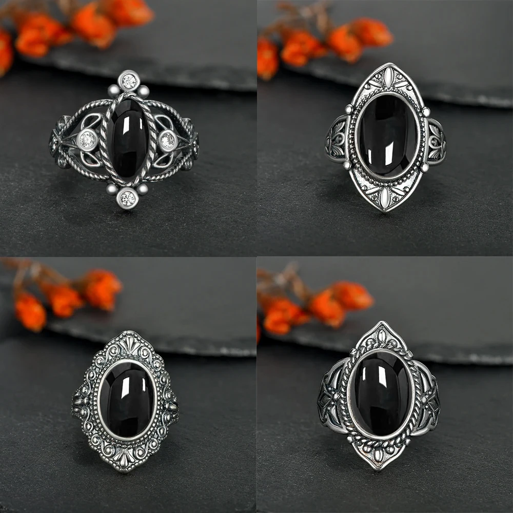 925 Silver Ring Natural Black Onyx Type Marquise Design Women Men's Vintage Exquisite Packaging Daily Wear Gift Engagement Rings