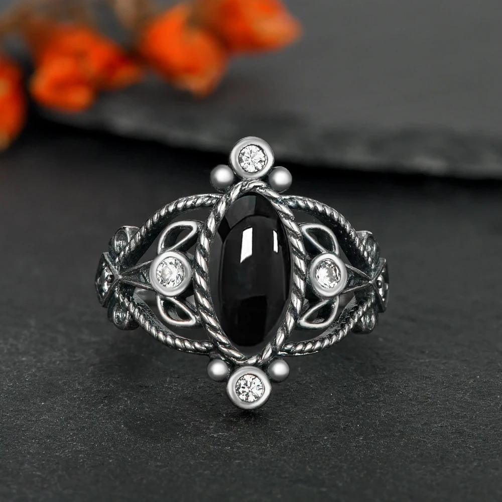 925 Silver Ring Natural Black Onyx Type Marquise Design Women Men's Vintage Exquisite Packaging Daily Wear Gift Engagement Rings