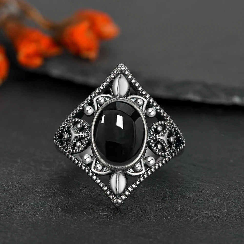 925 Silver Ring Natural Black Onyx Type Marquise Design Women Men's Vintage Exquisite Packaging Daily Wear Gift Engagement Rings