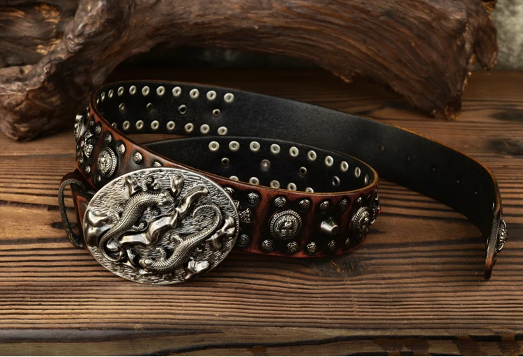 3.8cm Cowhide Genuine Leather Metal Rivet Belt Luxury Designers Men Rivet Punk Belt Smooth Buckle Male Rock Hip Hop Strap Waist